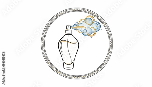 Perfume bottle spraying fragrance mist, elegant design, watercolor illustration, circular frame