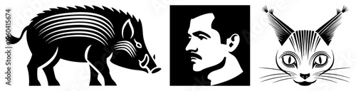 Graphic silhouettes of wild boar, male profile, and cat face with striped, vector art, minimalist design, illustration, clean, modern.