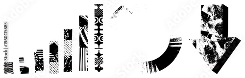 Black and white graphic design featuring varied geometric forms, halftone textures, and stencil motifs, ideal for modern print or digital.