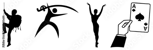 Black silhouette of climber with gear, violinist, ballerina, and hand holding ace of spades, isolated vector art, minimalist style.