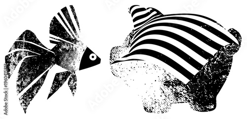 Graphic illustration of two fish in black and white, facing each other, featuring halftone textures and bold stripes, ideal for print or digital design, abstract aquatic motif.