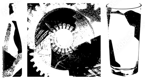 Mechanical gear assembly with cogwheel motion, paired with transparent glass tumbler, rendered in halftone style, technical illustration, mechanical design, vector art.