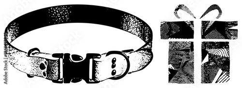 Dog collar with metal buckle, halftone texture, gift box, pet accessory, vector illustration, black and white graphic, isolated elements.