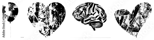 Graphic symbols of brain and heart rendered in fragmented halftone, vector art, abstract anatomy, medical or emotional motif, stylized silhouette.