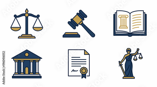 A collection of law icons on a white background