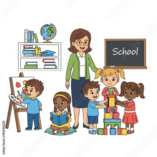 Teacher supervising children engaged in various classroom activities