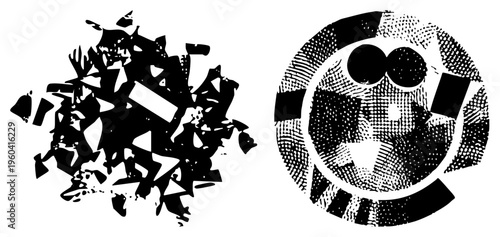 Dynamic abstract composition of shattered geometric fragments, halftone circular mask with stylized eyes, bold vector art, graphic design element, isolated forms.