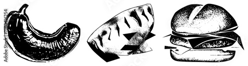 Graphic illustrations of curved sausage, sliced bread with triangular cuts, and layered burger, rendered in bold and halftone shading, ideal for menu or packaging design.