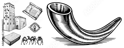 Traditional shofar horn, Jewish ceremonial instrument, accompanied by Torah scroll, desert camels, ancient fortress, and ornate talisman, vector illustration.