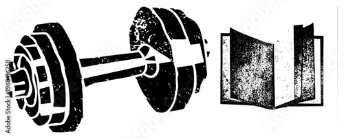 Black and white vector of dumbbell and open book, fitness and education symbols, gym and study motivation, design, stylized illustration.