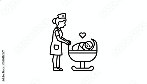 Nurse Caring for Newborn Baby in Bassinet with Heart Icon