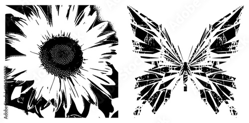 Graphic sunflower with textured center and radiating petals, paired with abstract butterfly silhouette using fragmented halftone, vector art, isolated elements.