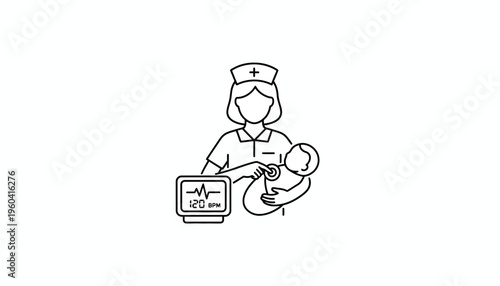 Nurse checking newborn baby's heart rate on monitor, medical care icon