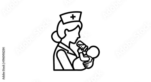 Nurse Feeding Baby with Bottle, Healthcare Icon, Medical Care Symbol