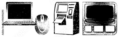 Digital devices including laptop, mouse, ATM, and retro monitor, rendered in halftone dot, vector graphic, isolated tech.