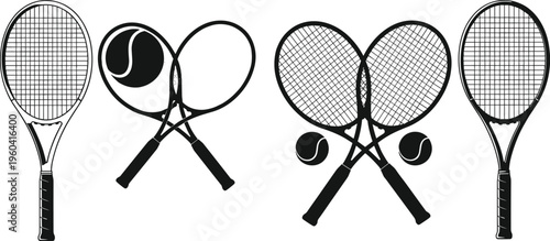 Black and White Tennis Racket and Ball Set Illustrations for Sports, Recreation, and Athletic Designs