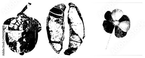 Stylized coffee beans and four leaf clover rendered in halftone texture, graphic design elements, vector art, symbolic luck and caffeine motifs.