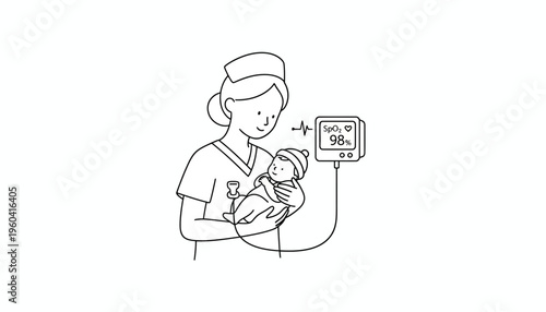 Nurse holding newborn baby with pulse oximeter, medical care, healthcare, neonatal intensive care