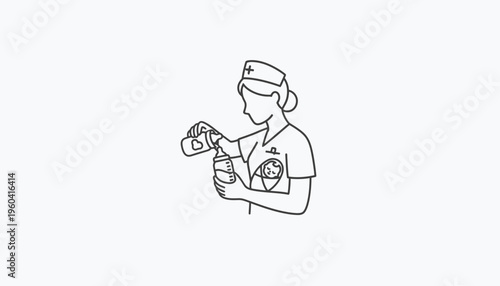 Nurse preparing baby formula in a bottle, illustration, healthcare concept