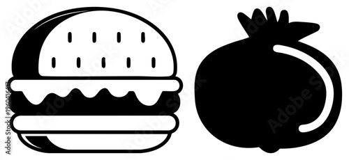 Flat vector of burger and pomegranate, minimalist food symbols, graphic design elements, black, isolated food illustrations.