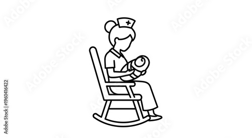 Nurse rocking a newborn baby in a chair, healthcare, maternity, care, love, illustration
