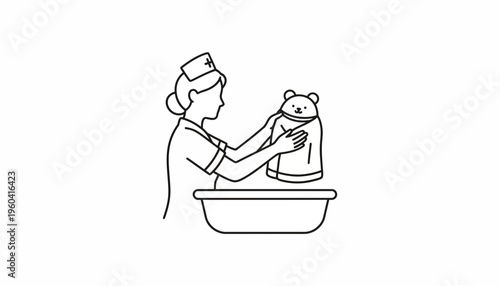 Nurse washing teddy bear in basin, healthcare, care, hygiene, illustration
