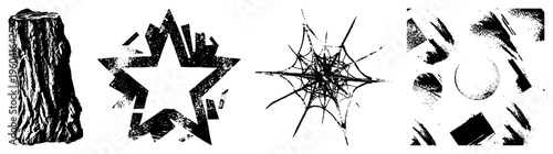 Textured tree stump, jagged starburst, intricate spiderweb, abstract geometric forms all in vector style. Ideal for graphic design, UI elements, or print.