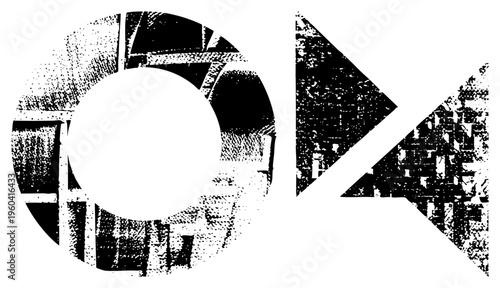 Bold "OK" logo rendered in halftone style with distressed texture, geometric shapes, graphic design element, vintage aesthetic, print.