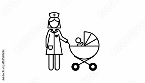 Nurse with Baby Stroller Icon: Healthcare, Maternity, Childcare, Medical Professional, Newborn Care
