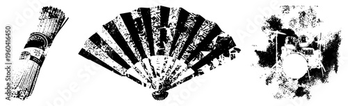 Stylized fan with ribs, drum kit with cymbals, bamboo stalks bound, black and white halftone vector art, graphic design elements.