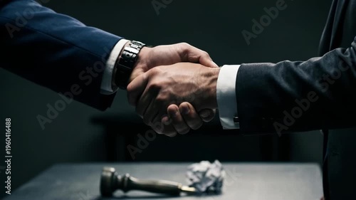 Intense Business Handshake with Gavel and Crumpled Paper on Table Symbolizing Agreement, Negotiation, or Legal Dispute