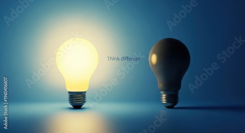 A glowing lightbulb and a dark one on a blue background
