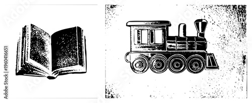 Vintage style halftone print of open book and toy train, graphic design elements, educational and nostalgic themes, black and white vector art.
