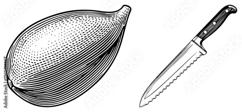 Vintage style halftone drawing of ripe mango and serrated knife, culinary tools, food illustration, black and white vector, fruit preparation, kitchen art.