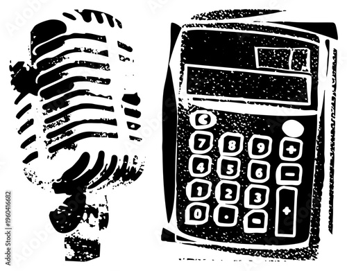 Retro microphone and calculator rendered in bold black and white, halftone texture, graphic illustration, isolated objects, communication and computation tools.