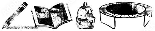 Open book, pencil, backpack, rendered in halftone style, educational tools, recreational gear, vector.