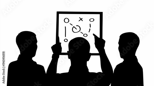 Three black silhouettes brainstorming with strategy plan on whiteboard teamwork concept