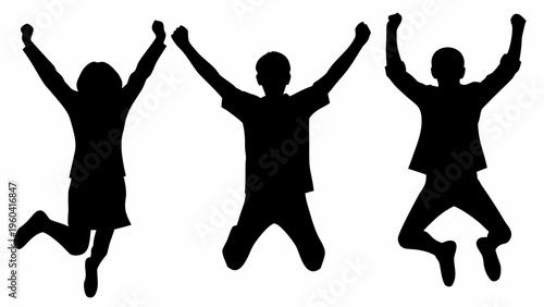 Three black silhouettes of people jumping with arms raised in celebration on white background