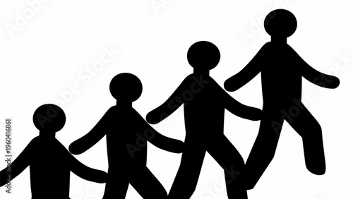 Black silhouettes of people holding hands in a line walking together in unity and cooperation on white background