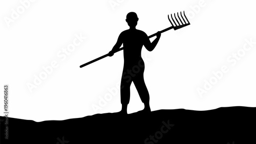 Black silhouette vector of farmer working with rake on field at sunset