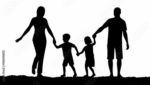 Black silhouette vector of family with parents and two children playing together outdoors in a park