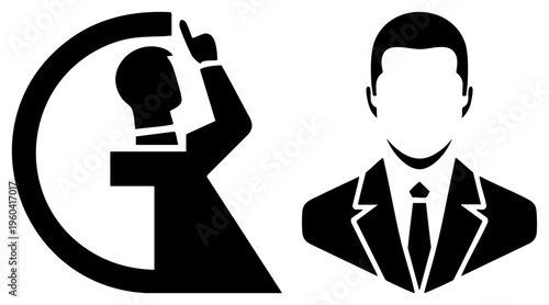 Corporate figure gesturing upward inside circular emblem, business avatar, professional profile, corporate, executive symbol, staff avatar, user profile graphic.