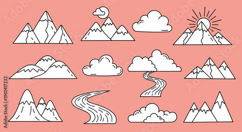 A simple, modern illustration of a mountain range with a salmon-colored background, conveying a sense of serenity and adventure.