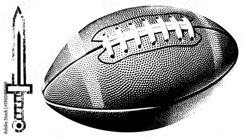 Football with laces and textured surface, vintage halftone sword beside, sports equipment, athletic gear, stylized vector art.