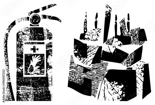 Black and white vector illustration of fire extinguisher and layered cake with candles, halftone texture, isolated objects, safety equipment, celebration dessert.