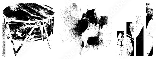 Stylized black and white graphic elements featuring distressed textures, halftone noise, and fragmented shapes ideal for design or digital art backgrounds.