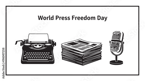 Vintage typewriter and microphone with stack of newspapers in black and white illustration for World Press Freedom Day in journalism and media