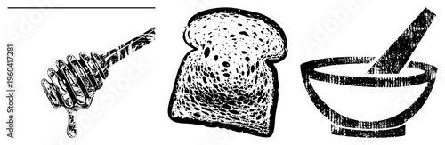 Honey drizzling from dipper, airy bread texture, stone mortar pestle combo rustic morning meal, culinary essentials, breakfast staples.