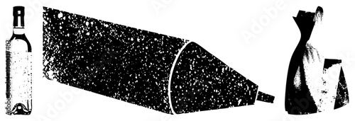 Three stylized containers with speckled texture, vintage bottle, cylindrical tube, elegant flask, graphic, distressed design.