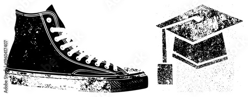 Classic high top sneaker with laces and textured sole, graduation cap with tassel, vector, youth culture, academic achievement, urban style, school spirit.